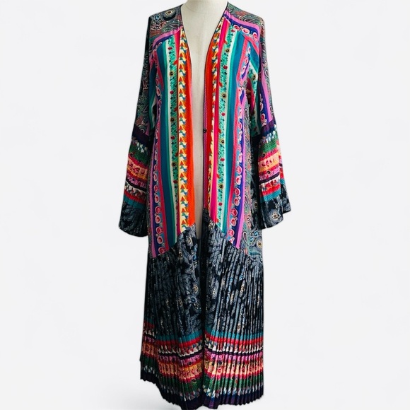 Johnny Was SILK GEMMA PLEATED Colorful Bohemian LONG KIMONO sz Large NWT - Picture 1 of 11